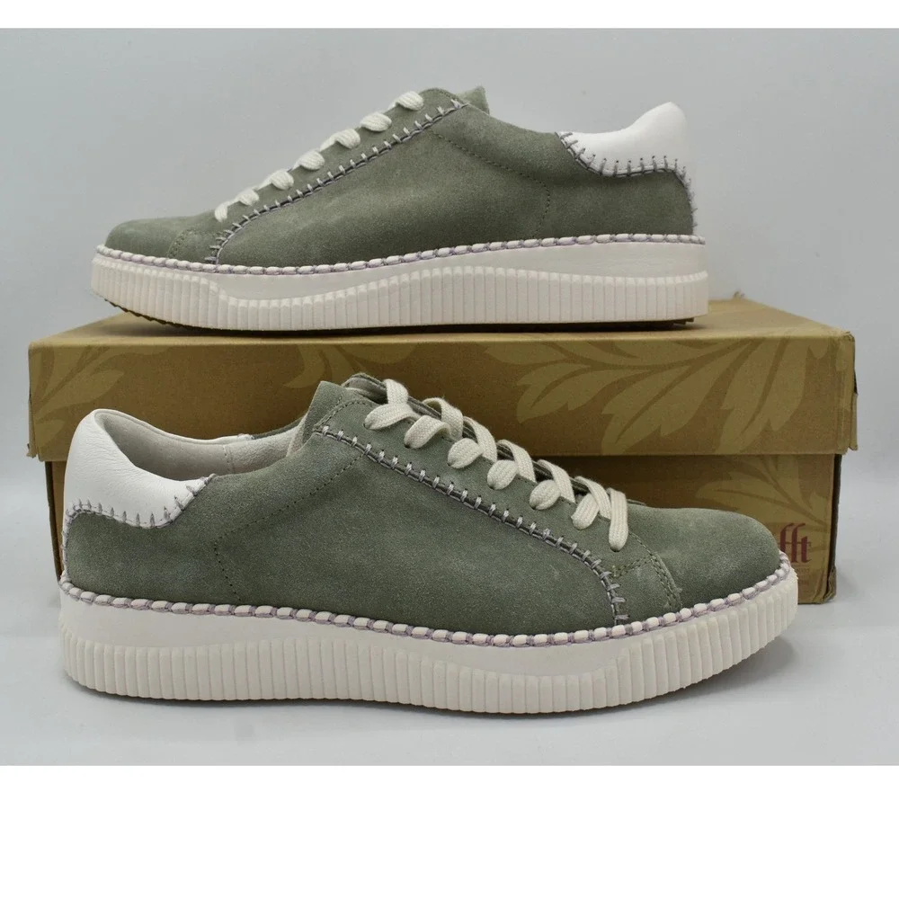 Sofft Frazier Sneaker Women 10 Hedge Green White Suede Platform Shoes NWB